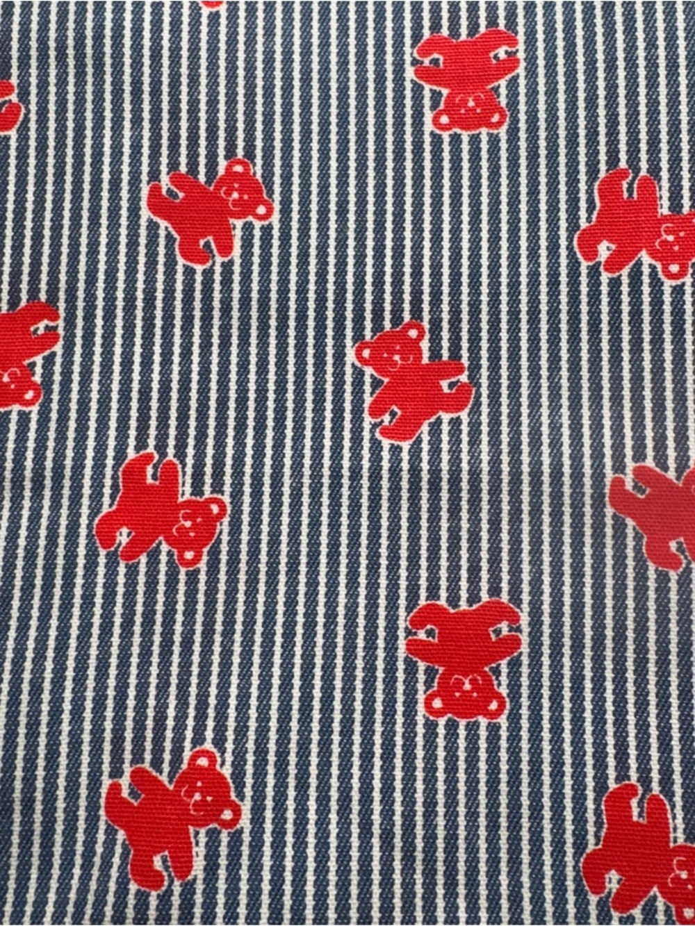 Striped Blue Red Teddy Bear Print denim like fabric 1 yard vintage #321 - Picture 1 of 3
